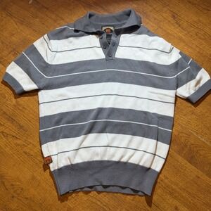 FB County Mens Striped Knit Polo Shirt Grey White Short Sleeve Size Small OG FB